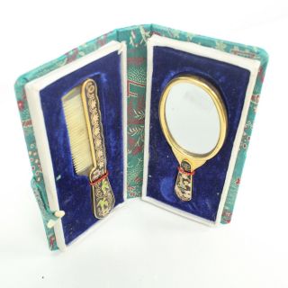 Vintage Oriental Comb & Handheld Mirror Vanity Set w/Case 710 4
