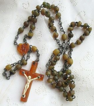 Old Vintage Irish Horn Beads Amber - Tone Celluloid Rosary " Made In Eire " Ireland