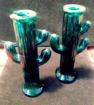 Vintage Collectible Green Glass Cactus Shape Vases.  Heavy Ornate Glass.