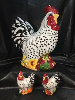 Black & White Rooster Cookie Jar With Matching Salt & Pepper Shakers