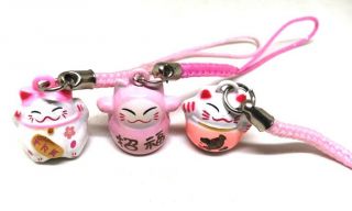 Set Of3 Pink Maneki Neko Cat Japanese Lucky Strap Charm Hanging With Bell Inside