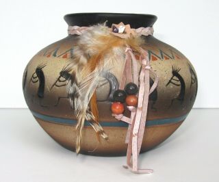 Native American Etched Pottery Vase With Feathers And Beads