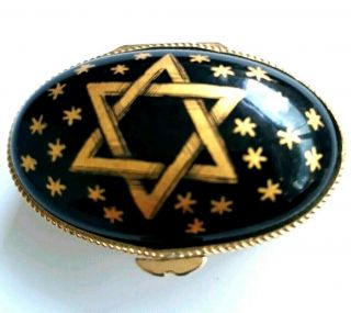 Vintage Hinged Snuff Box With Painted Gold Star Of David & Stars Over Onyx Stone