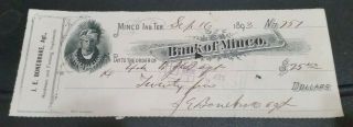 1893 Minco Indian Territory Bank Check Je Bonebrake Hardware Implements B Grade