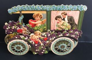 Victorian Valentine Card Die - Cut Embossed Pull Out Car Cupids Flowers 1910 - 20