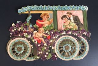 Victorian Valentine Card Die - Cut Embossed Pull Out Car Cupids Flowers 1910 - 20 3