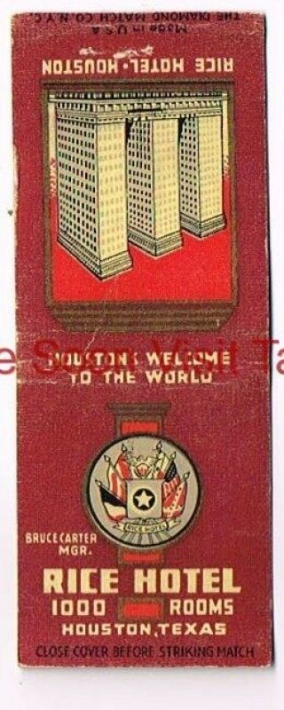 1930s Rice Hotel Bruce Carter Houston Texas Matchcover