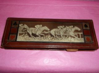 Vintage Double Deck Playing Card Brown Leather Case Race Horse Design