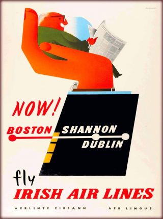 Now Boston To Shannon Dublin Ireland Airline Vintage Irish Travel Poster Print