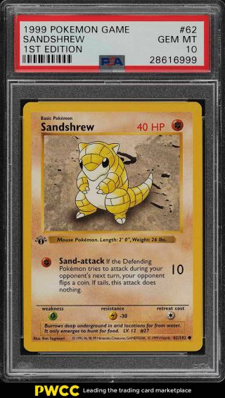 1999 Pokemon Game 1st Edition Sandshrew 62 Psa 10 Gem (pwcc)