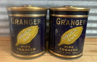 Pair Antique Vtg Granger Tin Litho Pipe Tobacco Canister W/ Pointer Dog Can Box