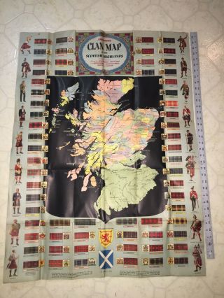 Vintage Johnston And Bacon Clan Map Of Scottish Highlands Tartans And Arms 6’6