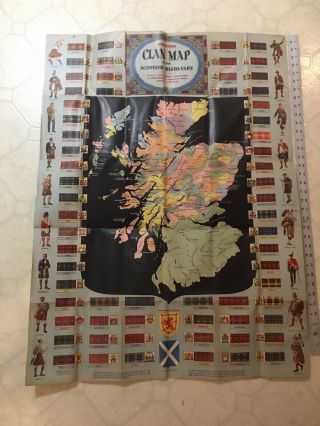 Vintage Johnston and Bacon Clan Map of Scottish Highlands Tartans and Arms 6’6 3