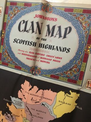 Vintage Johnston and Bacon Clan Map of Scottish Highlands Tartans and Arms 6’6 5