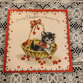 Vintage Greeting Card Valentine Daughter Cat Kitten Basket
