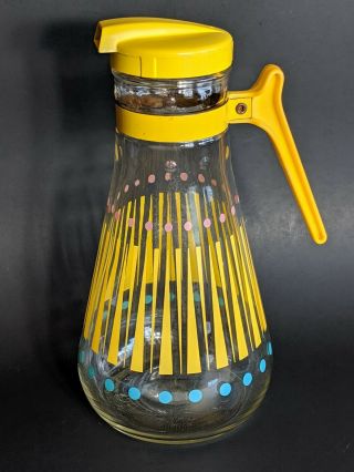 Vintage Ez Por Glass Juice Pitcher Carafe - Yellow Stripes With Aqua Blue Dots