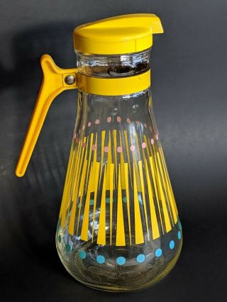 Vintage EZ Por Glass Juice Pitcher Carafe - Yellow Stripes with Aqua Blue Dots 2