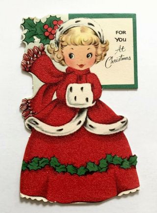 Vintage Die Cut Christmas Card Pretty Girl Blonde Flocked Red Dress Fur Muff