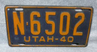 1940 Ut Utah License Plate Vgc
