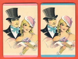 2 Single Swap Playing Cards Romantic Couple Cute Girl Man Top Hat Vintage Pair