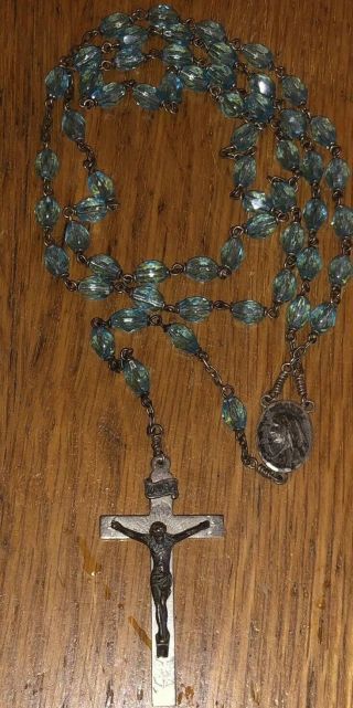 Vintage Sterling Silver Rosary Beads Blue Crystal Faceted Afco