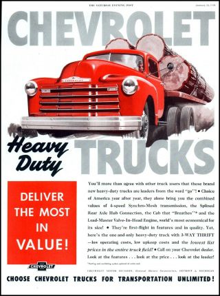 1949 Chevrolet Heavy Duty Trucks Cut Tree Hauling Vintage Art Print Ad Adl36