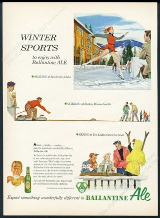 1954 Sun Valley Ski Area Ice Skater Curling Stone Sports Boston Vintage Print Ad