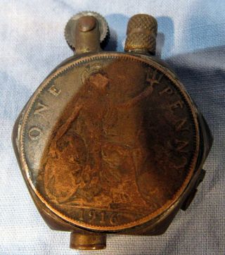 Vintage Antique 1916 Trench Art Lighter - British Copper Penny - Ww1