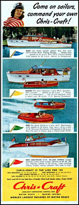 1949 Chris - Craft Boats Flying Bridge Cruiser Woman Vintage Photo Print Ad Adl40