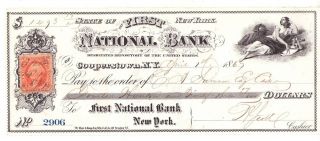 1867 First National Bank Of Cooperstown,  Ny Check 2 Cent Revenue Stamp Vignette