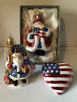 Patriotic Blown Glass Ornaments,  Set Of 3,  1 Heart Shaped,  2 Santas With Flags