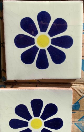 10 Talavera Mexican Pottery Tile 4 " Classic Cobalt Blue Lemon Yellow Flower