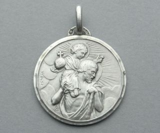 French,  Antique Religious Large Silver Pendant.  Saint Christopher & Jesus.  Medal