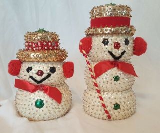 2 Vintage Sequins Snowmen - Hand Crafted - Gold Hat - Holiday Decor - Christmas