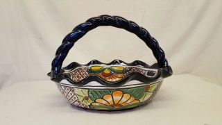 15 " Talavera Fruit Bowl Twisted Handle Serving Dish Handmade Mexican Ceramic