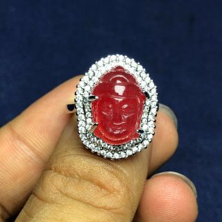 S925 Silver & Red Jadeite Jade Buddha Head Amulet Handwork Chinese No.  7 - 12 Ring