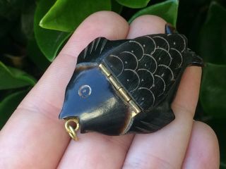 Spectacular Antique or Vintage Carved Fish Pill Pendant Locket From Horn? Bone? 6