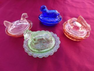 Glass Mini Covered Dish Hen Chicken Lamb Cow Bunny Nest Trinket Easter Set Of 4