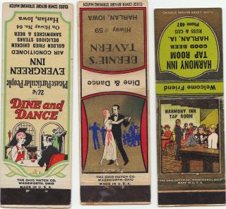 Old Harlan,  Iowa Cocktail Lounge Matchcovers - Three Different From The 1940 