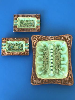 3 Vintage 1960s Treasure Craft Of Hawaii Green/blue Ashtray Tiki Bar No/20