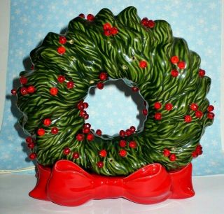 Vintage Christmas 8 " Ceramic Lighted Wreath On Red Bow Base