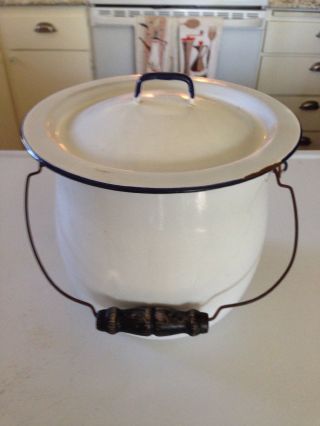 Vintage Large Enamelware Pot With Wood Handle And Lid