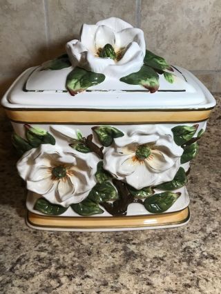Vintage Porcelain Magnolia Cookie Jar With Lid Raised Floral Design