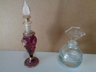 2 Vintage Cut And Etched Glass Perfume Bottles With Stoppers Quick Ship