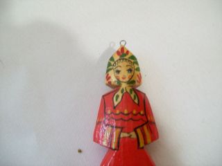 Vintage Hand Carved and Painted Wood Folk - Art Lady Ornament 6