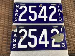 1913 Massachusetts License Plate Pair Porcelain Enameled Mass 2542 Blue & White