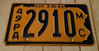 1949 Pa Penna Pennsylvania Mc Motorcycle License Plate Tag Indian Harley Wow