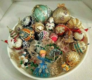 41 Vintage Handmade Xmas Ornaments - Beads Sequins Foil Ribbon Satin Tassels Pins