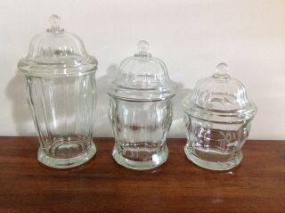 Vintage Indiana Clear Heavy Glass Apothecary Jars Dome Lids Set Of 3