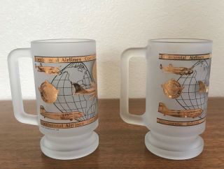 2 Frosted Glass Mugs With Handles - Continental Airlines - 1993 & 1997 - Gold